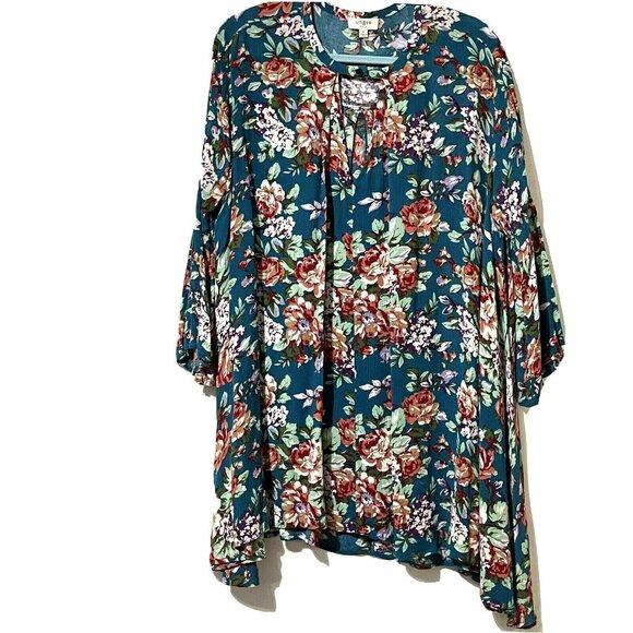 Umgee Tops - Umgee Womens Size M Teal Floral 3/4 Sleeve Tunic Top